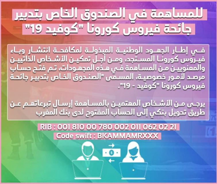 للمساهمة في الصندوق الخاص بتدبير ومواجهة جائحة فيروس كورونا "كوفيد 19"
