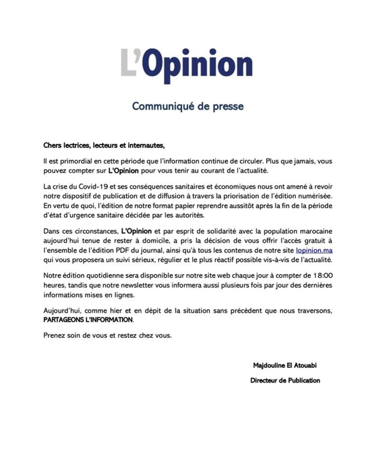 "L'Opinion" تصل إلى قرائها في بيوتهم بصيغة رقمية PDF "L'Opinion" تصل إلى قرائها في بيوتهم بصيغة رقمية PDF