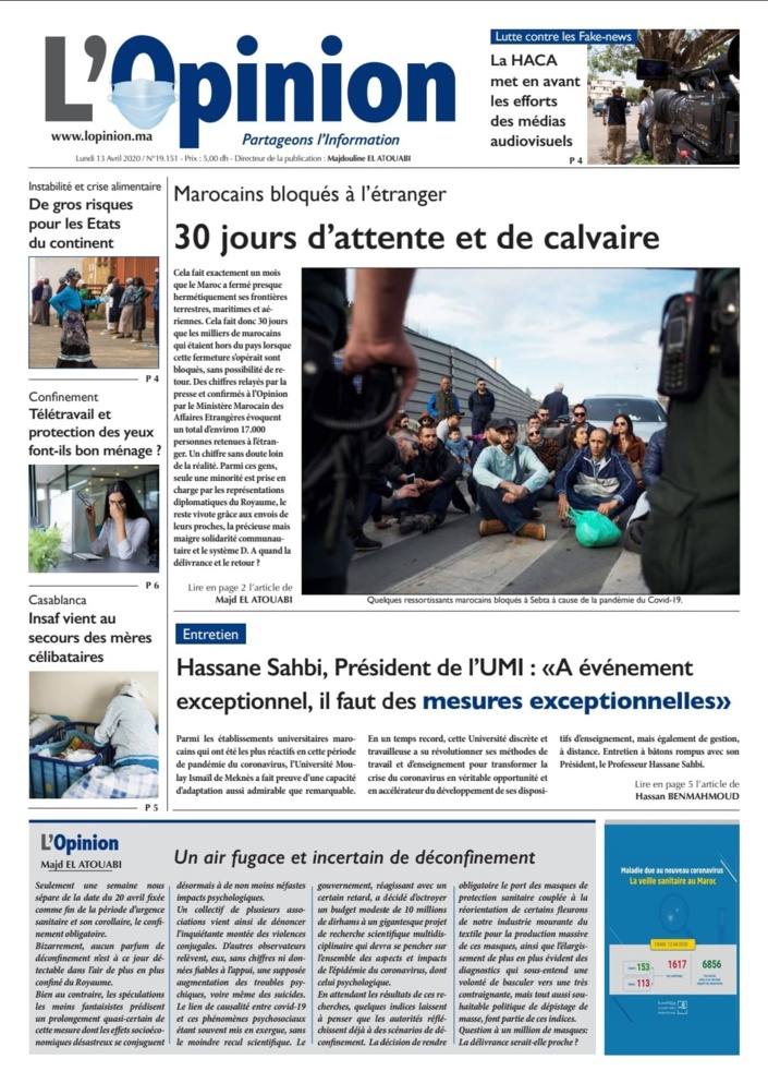 L'Opinion du Lundi 13 Avril 2020 est entre vos mains 