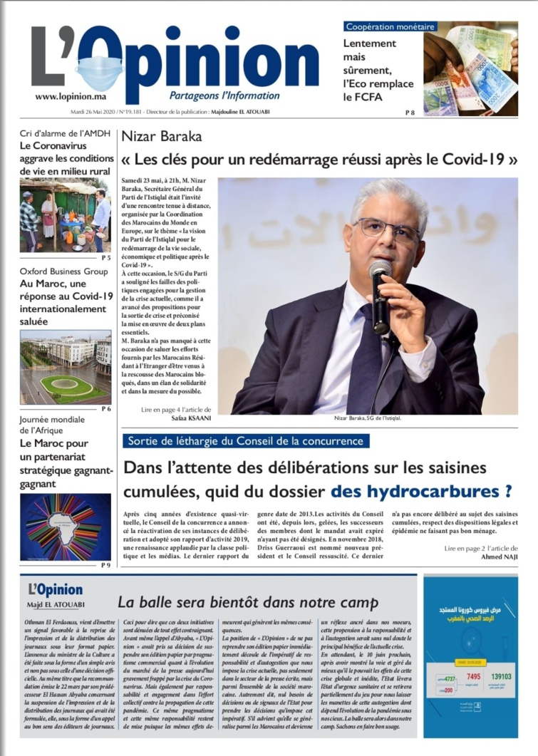 L'Opinion du Mardi 26 Mai 2020 est entre vos mains 