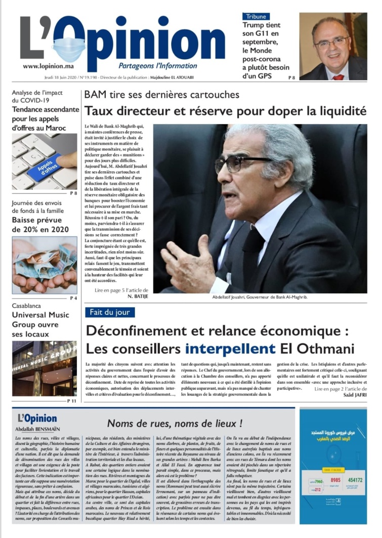 L'Opinion du Jeudi 18 Juin 2020 est entre vos mains  