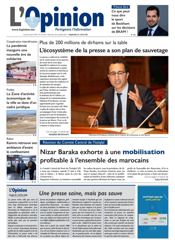 L'Opinion du Lundi 29 Juin 2020 est entre vos mains 