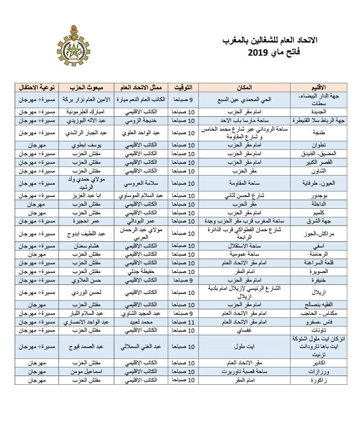 نداء فاتح ماي 2019 : الاتحاد العام للشغالين بالمغرب نداء فاتح ماي 2019 : الاتحاد العام للشغالين بالمغرب