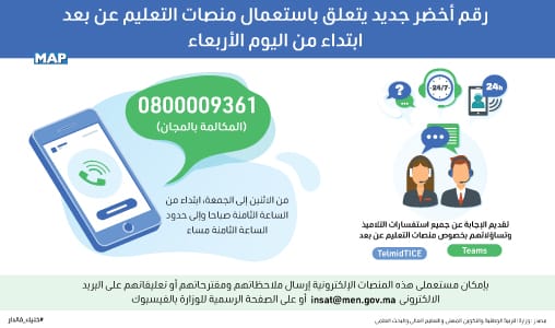 رقم أخضر جديد يتعلق باستعمال منصات التعليم عن بعد ابتداء من اليوم الأربعاء