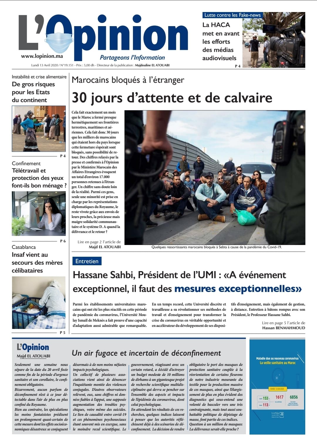 L'Opinion du Lundi 13 Avril 2020 est entre vos mains 