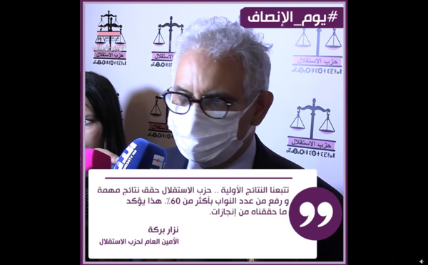 الأخ نزار بركة .. تتبعنا النتائج الأولية . حزب الاستقلال حقق نتائج مهمة و رفع من عدد النواب بأكثر من 60% و هذا يؤكد ما حققناه من إنجازات